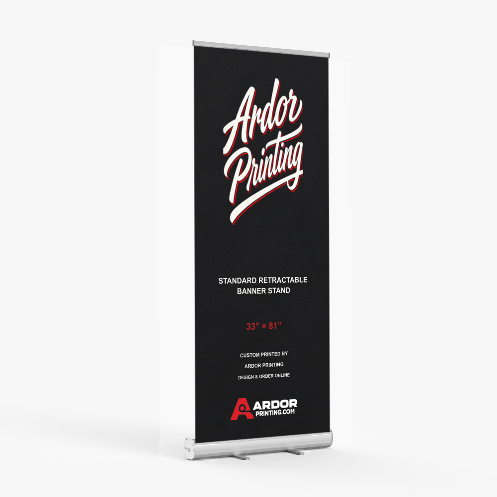 Standard retractable banner stand, 33 x 81 in, silver base with a printed banner showing Ardor Printing branding