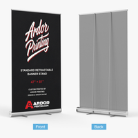 Standard retractable banner stand, 47 x 81 in, front and back views with two support poles, Ardor Printing branding