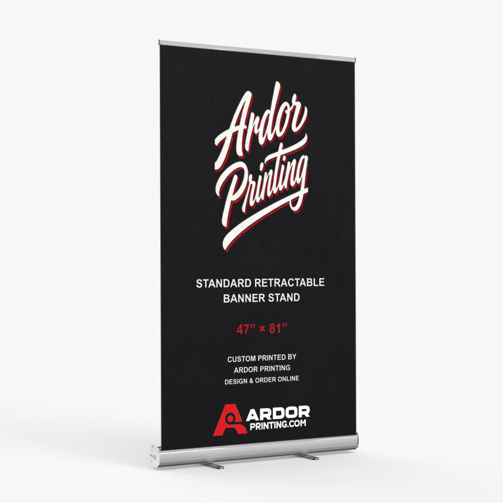 Standard retractable banner stand, 47 x 81 in, silver base with a printed banner showing Ardor Printing branding