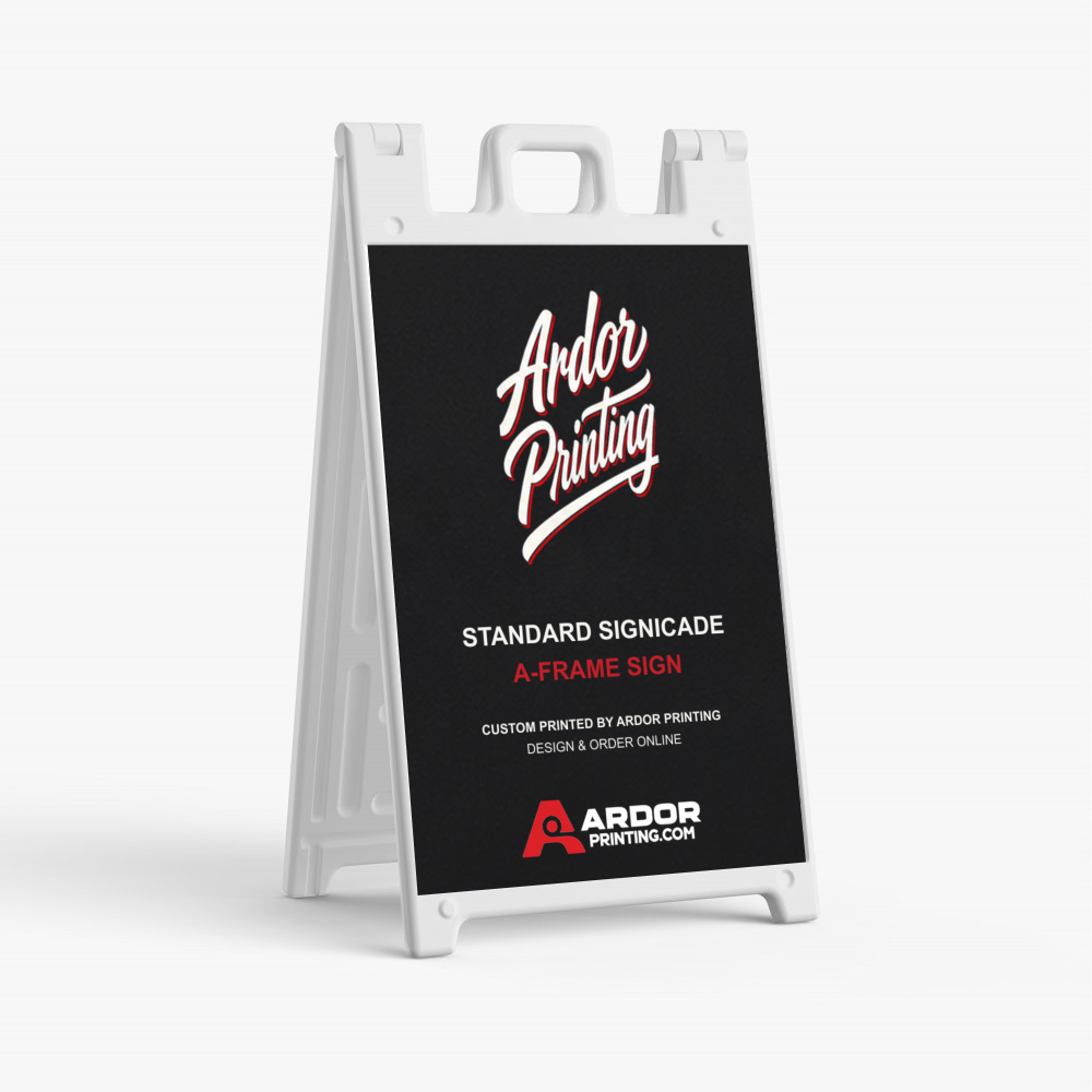 Standard Signicade A-frame sign in white with a full color 24 x 36 in mounted vinyl graphic, shown with Ardor Printing branding