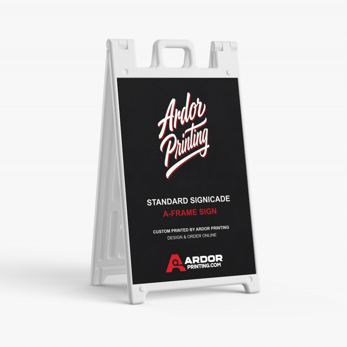 Standard Signicade A-frame sign in white with a full color 24 x 36 in mounted vinyl graphic, shown with Ardor Printing branding