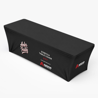 Custom 8 ft stretch table cover printed with Ardor Printing branding, stretch fabric pulled snug over the table