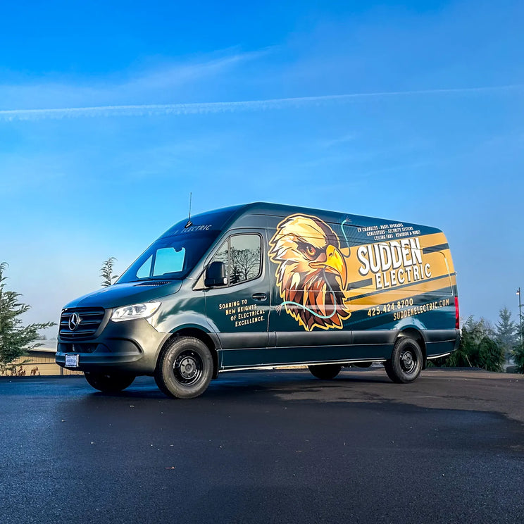Sudden Electric Mercedes Sprinter commercial van wrap with an eagle graphic