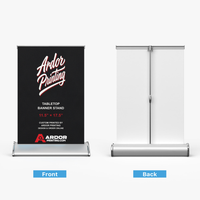 Table top mini retractable banner stand, 11.5 x 17.5 in, front and back views, Ardor Printing branding