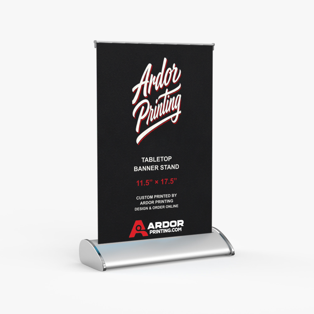 Table top mini retractable banner stand, 11.5 x 17.5 in, with a printed banner showing Ardor Printing branding