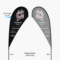 11.2 ft teardrop flag, single sided print thru: front reads correctly and the back shows a mirror image, pole pocket on the left