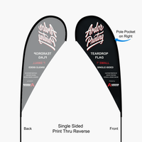 7 ft teardrop flag, single sided print thru reverse: pole pocket on the right, back shows a mirror image