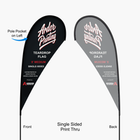 9 ft teardrop flag, single sided print thru: front reads correctly and the back shows a mirror image, pole pocket on the left