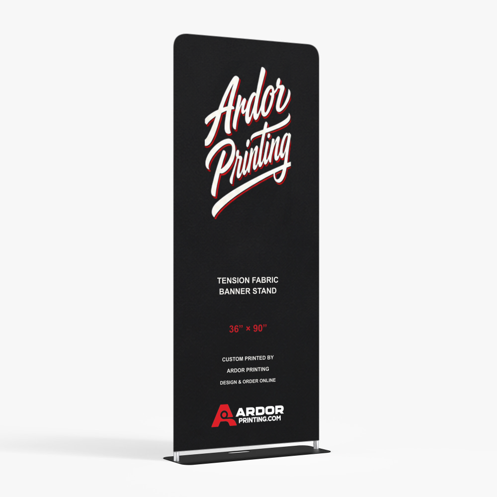 Tension fabric banner stand, 36 x 90 in, with a printed fabric graphic showing Ardor Printing branding