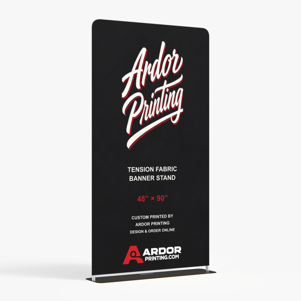 Tension fabric banner stand, 48 x 90 in, with a printed fabric graphic showing Ardor Printing branding