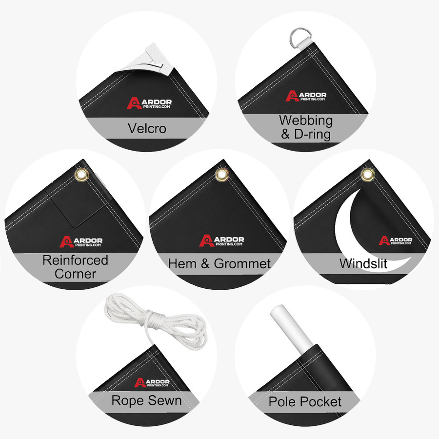 Vinyl banner finishing options with Ardor Printing branding: velcro, webbing and D-ring, reinforced corner, hem and grommet, wind slit, sewn-in rope and pole pocket