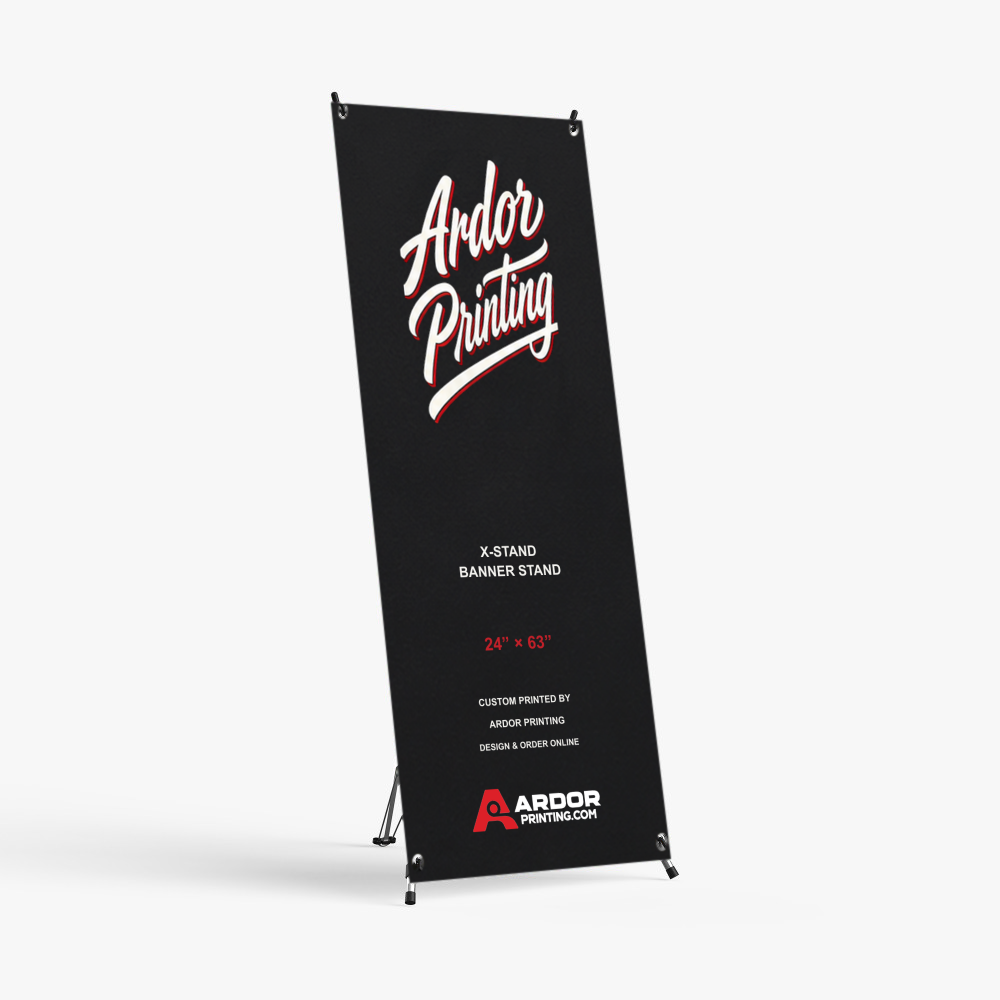 X-stand banner stand, 24 x 63 in, with a printed banner showing Ardor Printing branding