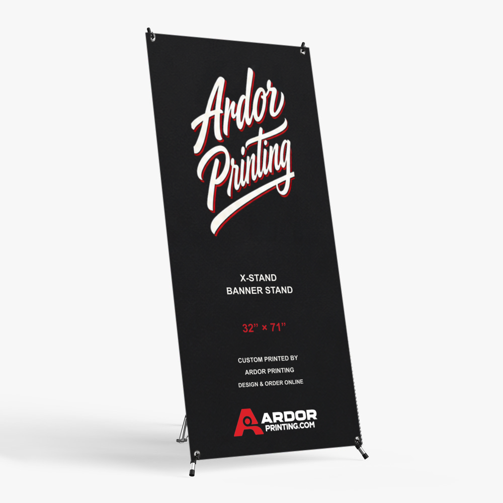 X-stand banner stand, 32 x 71 in, with a printed banner showing Ardor Printing branding