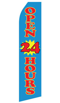 Blue Open 24 Hours econo feather flag, 16 ft, single-sided