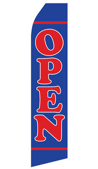 Blue Open econo feather flag, 16 ft, single-sided, design 1210