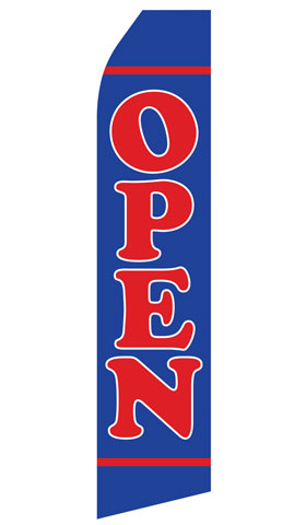 Blue Open econo feather flag, 16 ft, single-sided, design 1210