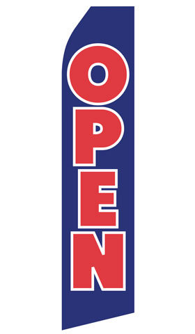Blue Open econo feather flag, 16 ft, single-sided, design 1220