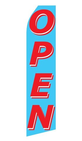 Blue Open econo feather flag, 16 ft, single-sided, design 1227