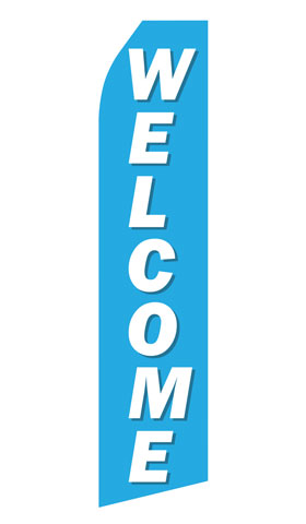 Blue Welcome econo feather flag, 16 ft, single-sided
