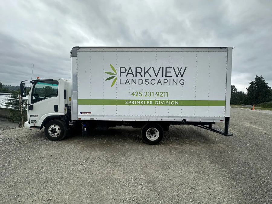 Box truck lettering and spot graphics for Parkview Landscaping