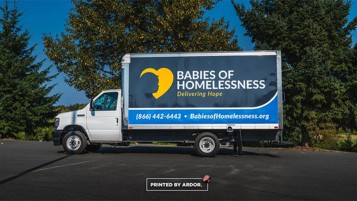 Printed box truck wrap for the nonprofit Babies of Homelessness