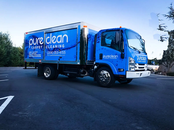 Blue box truck wrap for PureClean Carpet Cleaning