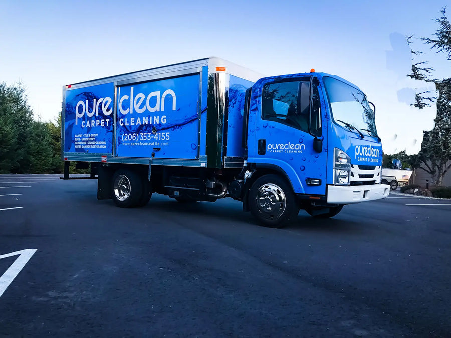 Blue box truck wrap for PureClean Carpet Cleaning