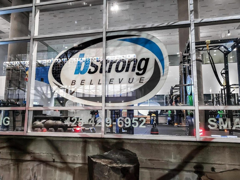 bStrong Bellevue gym window logo and lettering, view 2 by Ardor Printing