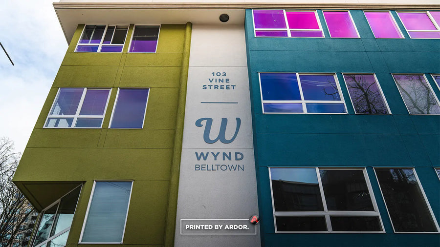 Exterior building graphics for WYND apartments in Belltown Seattle