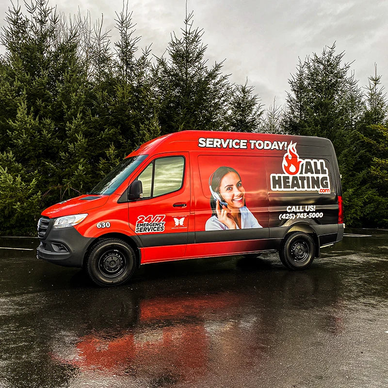 Full printed vehicle graphics vinyl wrap our graphic designers made for All Heating's Mercedes Sprinter at Ardor Printing in Snohomish, WA.