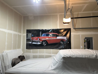 Custom photo wall banner of a classic red car by Ardor Printing