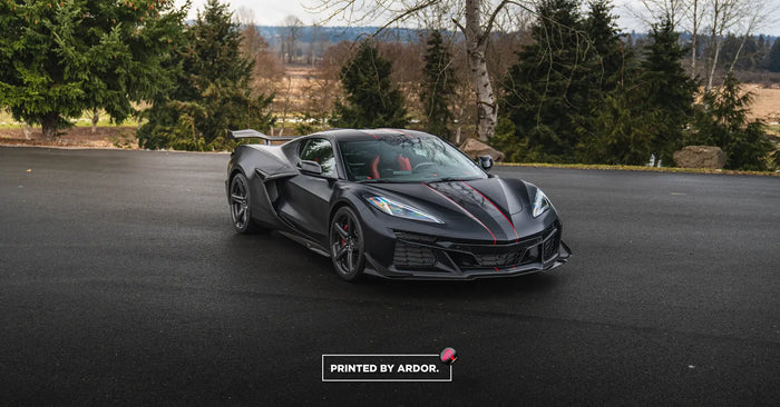 Chevrolet Corvette C8 wrapped in satin black with custom red stripes by Ardor Printing, Greater Seattle