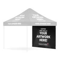 Custom 10ft tent full wall shown on a faded event tent, three-quarter left view, Ardor Printing