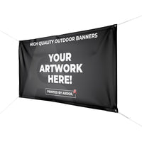 Custom 13oz vinyl banner with grommets, three-quarter right view, Ardor Printing