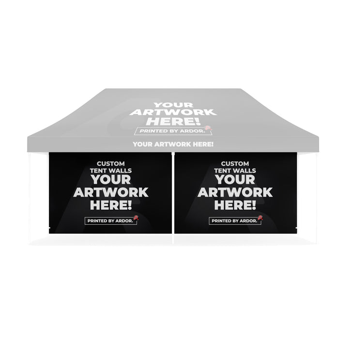 Custom 20ft tent full wall shown on a faded event tent, front view, Ardor Printing