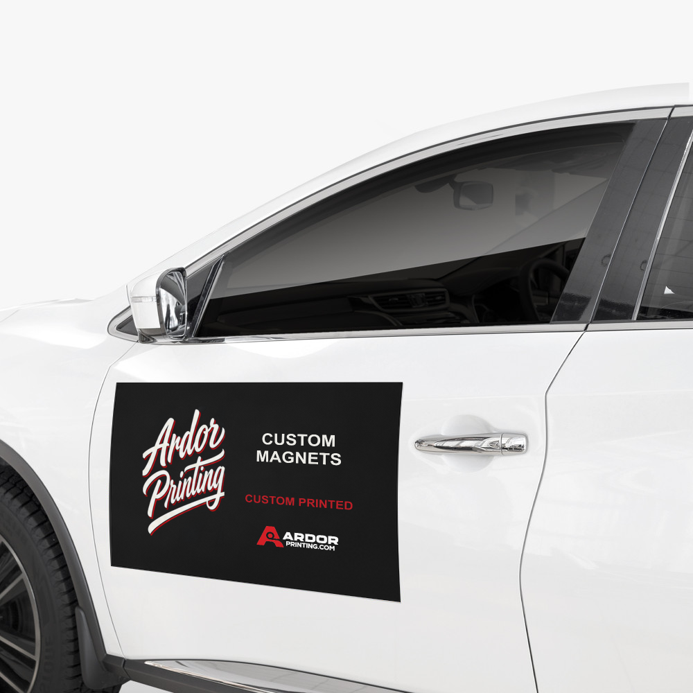 Custom printed magnet sign on the front door of a white SUV