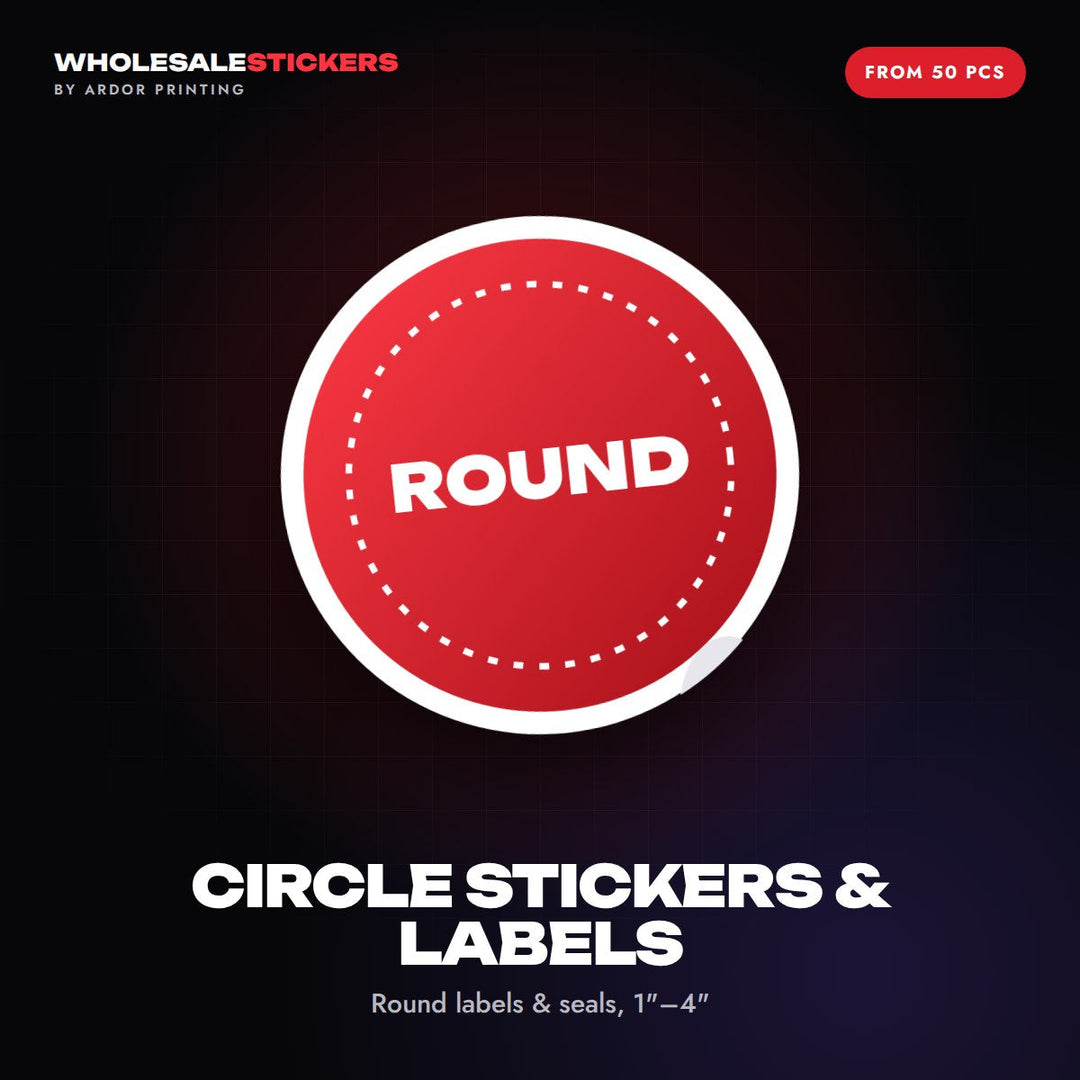 Circle stickers and labels graphic: a round red sticker with a white border