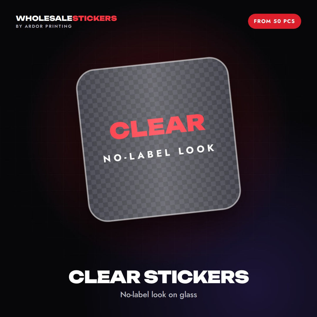 Clear stickers graphic: a transparent rounded-square sticker with a no-label look