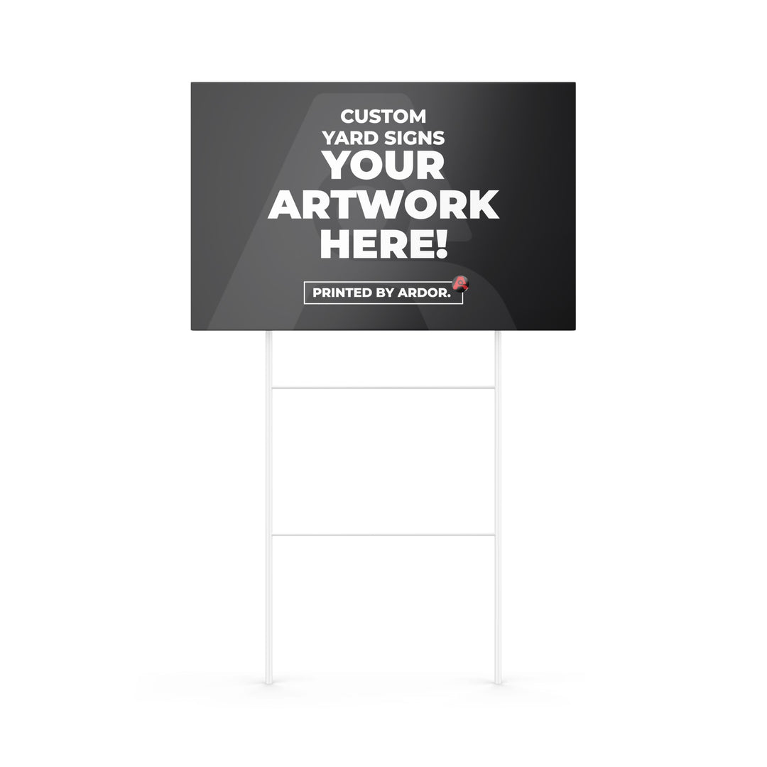 Custom coroplast yard sign with H-stake, front view, Ardor Printing