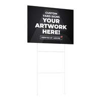Custom coroplast yard sign with H-stake, three-quarter left view, Ardor Printing