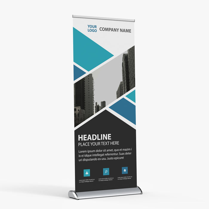 Custom deluxe retractable banner stand, 33 x 81 in, single sided, front view with a sample graphic, Ardor Printing