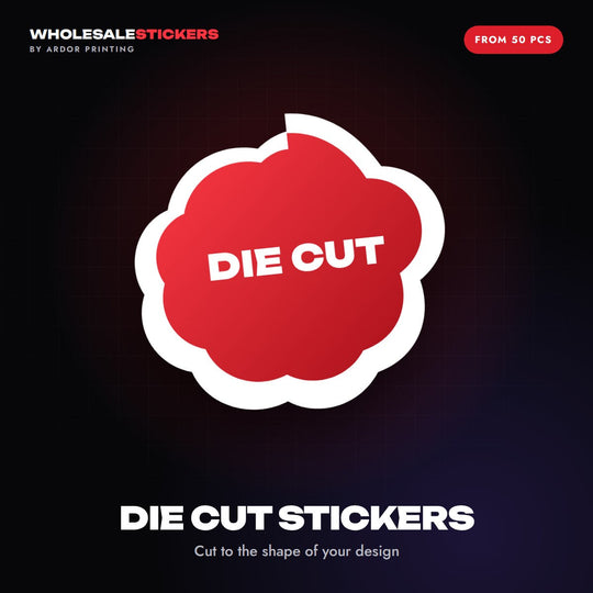 Die cut stickers graphic: a red cloud-shaped sticker with a white border, cut to the shape of the design