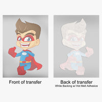 DTF transfer shown from the front and the back with white ink backing and adhesive