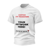 Custom DTF transfer gang sheet, transfer pressed on a white t-shirt, angled view, Ardor Printing