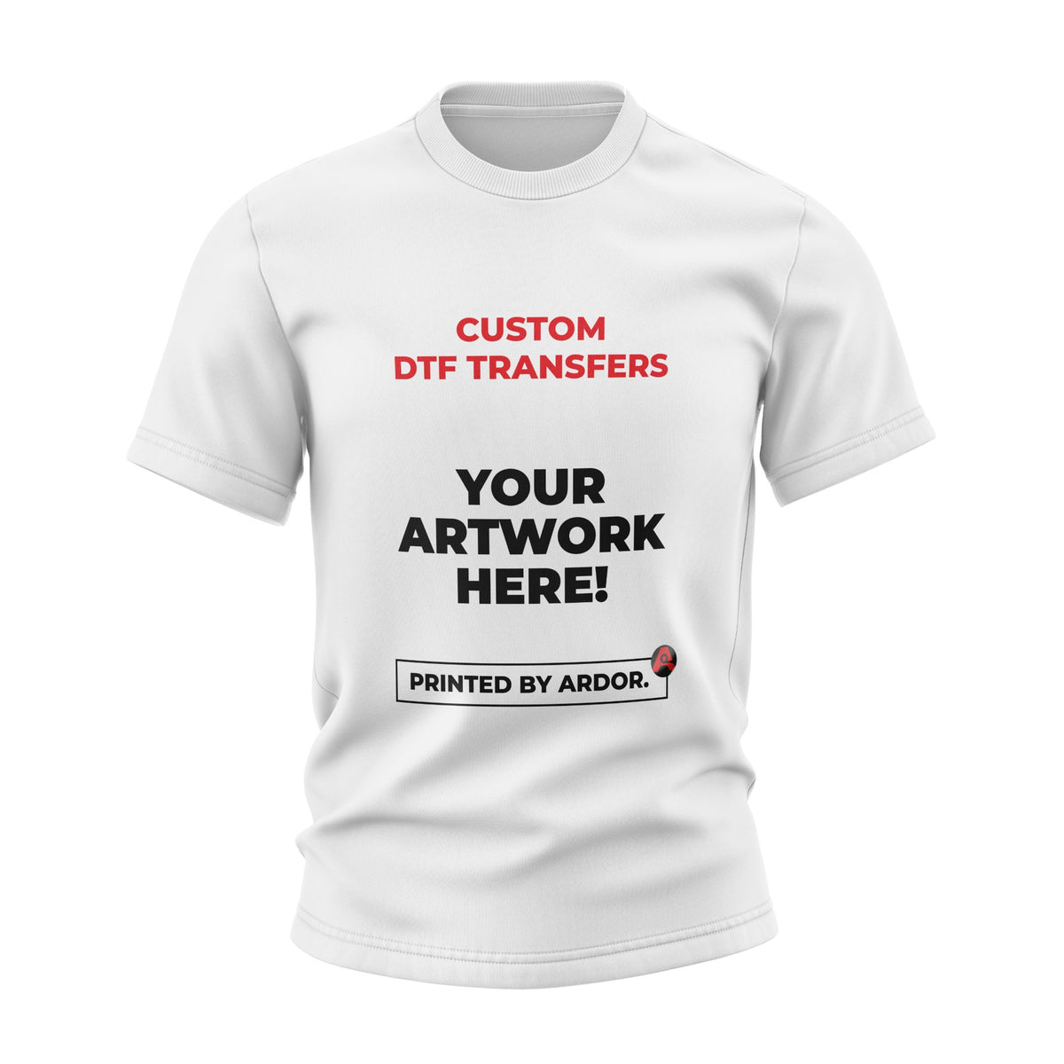 Custom DTF transfer gang sheet, transfer pressed on a white t-shirt, front view, Ardor Printing