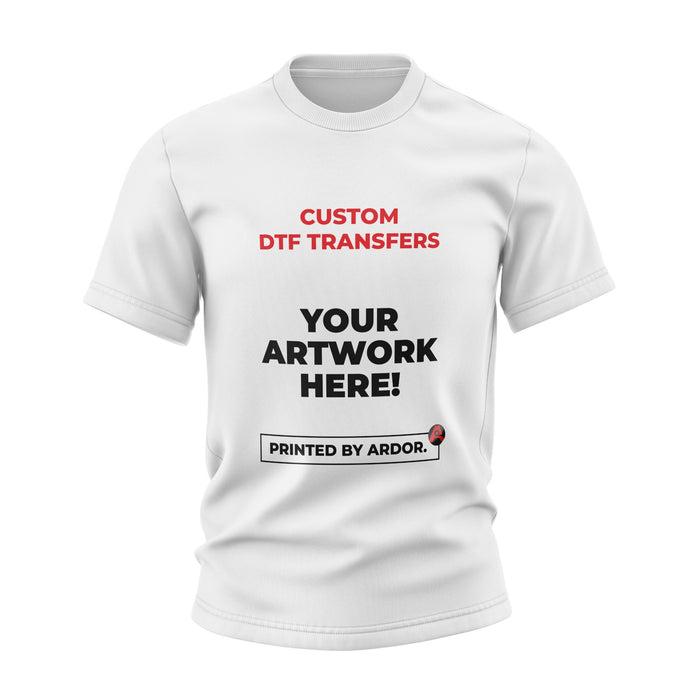 Custom DTF transfer gang sheet, transfer pressed on a white t-shirt, front view, Ardor Printing