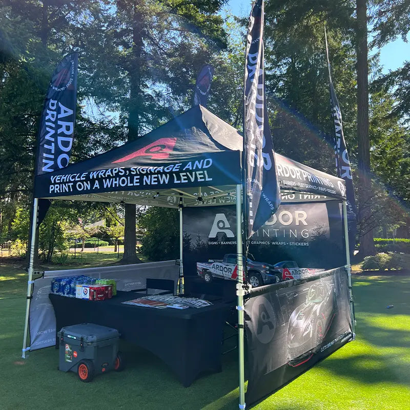 Custom printed pop up tent we did for Ardor Printing's sales team, this is a photo of the custom tent on display at an event in Seattle, WA.