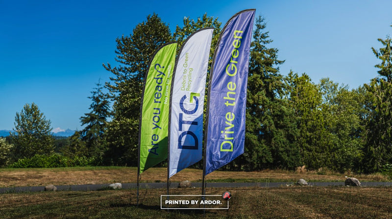 Custom feather flags for DTG Recycle, Are You Ready and Drive the Green, printed by Ardor Printing