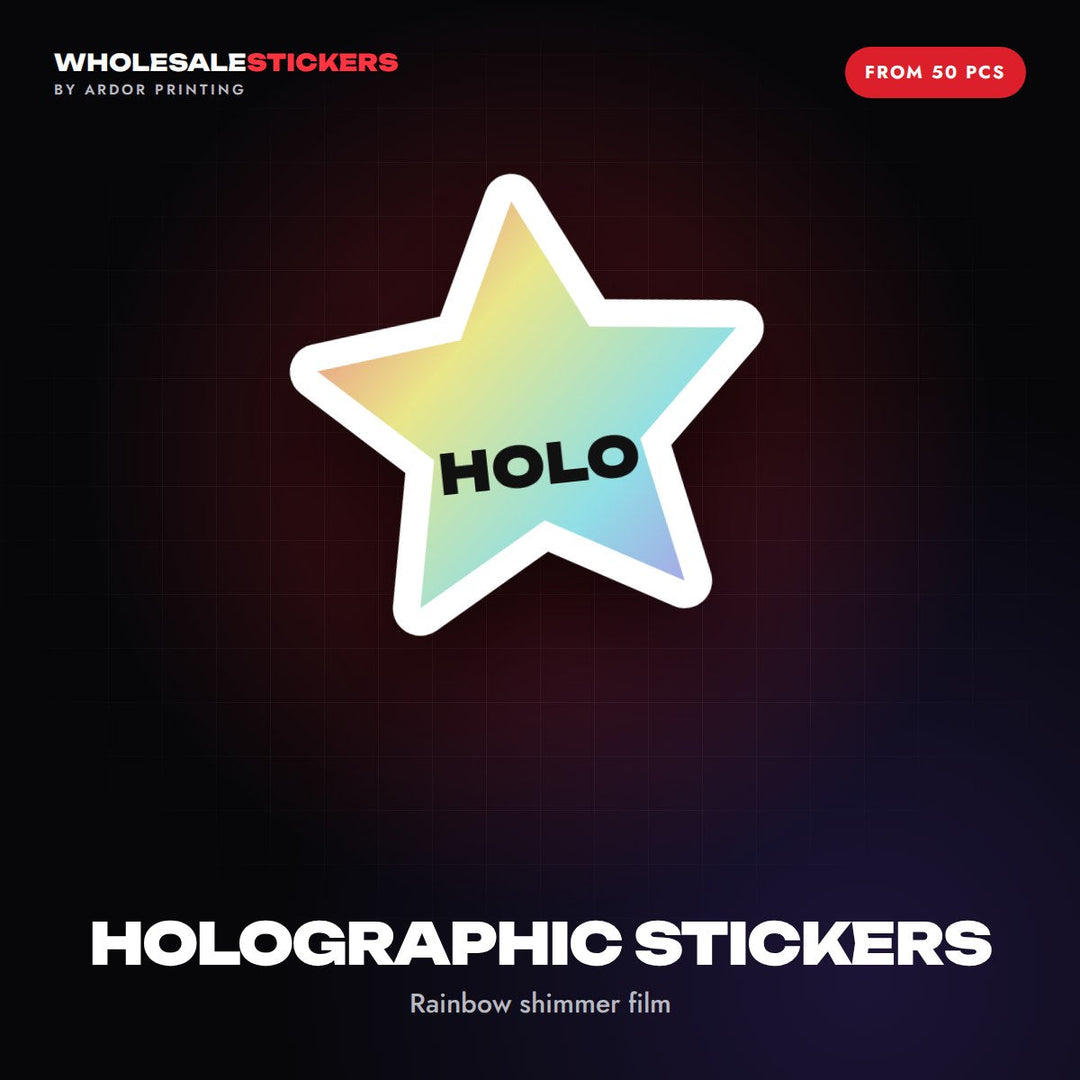 Holographic stickers graphic: a star-shaped sticker with a rainbow shimmer finish