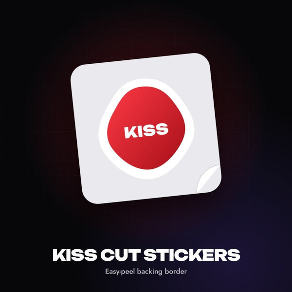 Kiss cut stickers graphic: a red sticker on a square white backing with a peeled corner